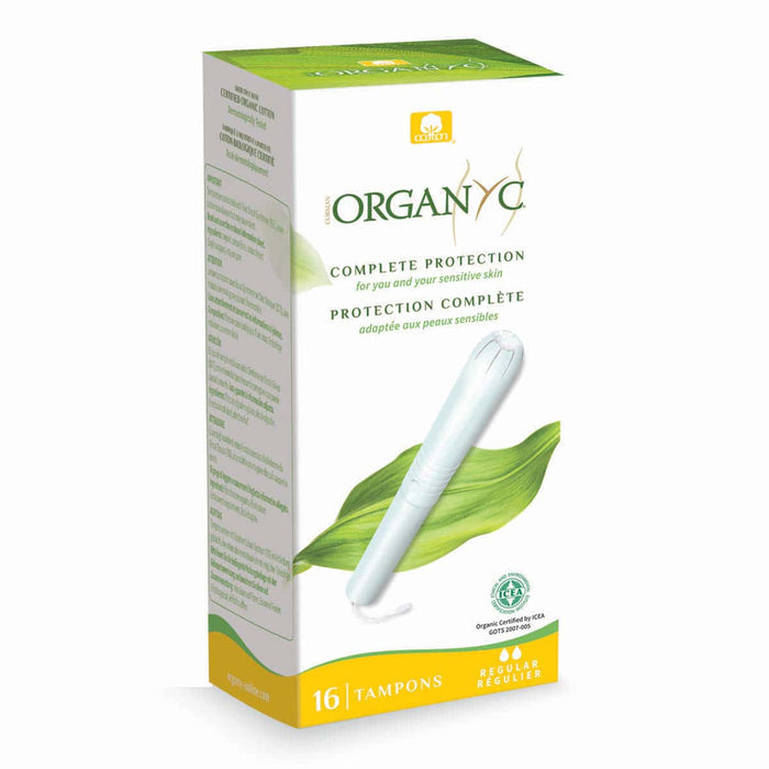 Side of Organyc cardboard applicator tampons. For regular flow. Made with organic cotton, designed for sensitive skin.