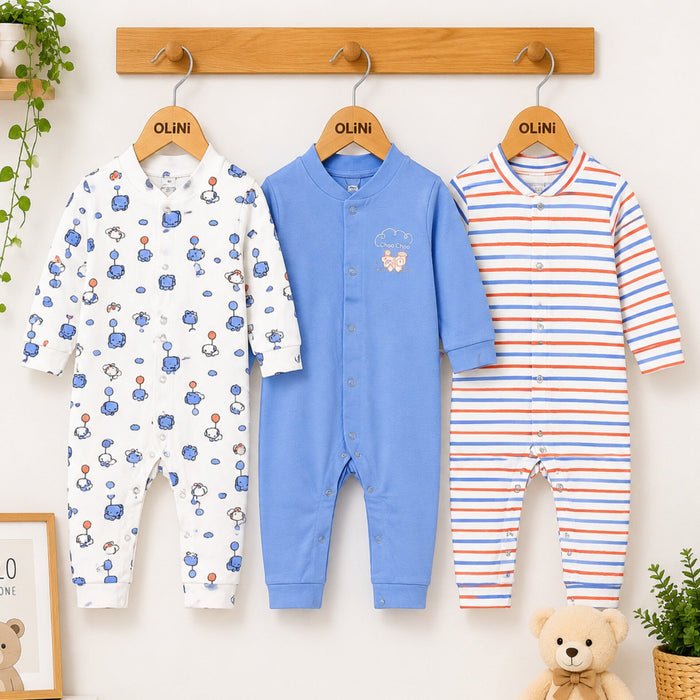 Carte - Cotton Interlock - Pack of 3 - Long Sleeve Open Feet - Sleep Suits - Blue & Stripes