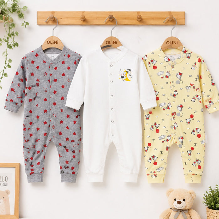 Carte - Cotton Interlock - Pack of 3 - Long Sleeve Open Feet - Sleep Suits - White & Stars