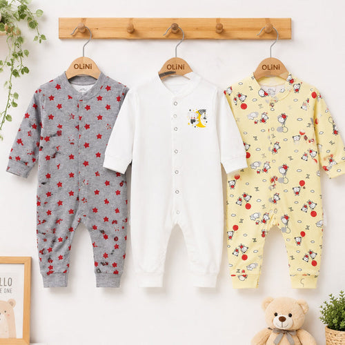 Carte - Cotton Interlock - Pack of 3 - Long Sleeve Open Feet - Sleep Suits - White & Stars