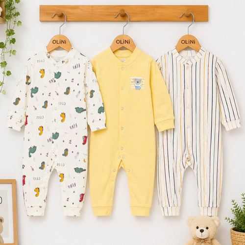 Carte - Cotton Interlock - Pack of 3 - Long Sleeve Open Feet - Sleep Suits - Yellow & Stripes
