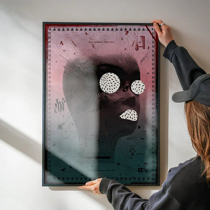 Abstract figurative art print with a dark figure, white dotted eyes and mouth, and graphic elements on archival paper.