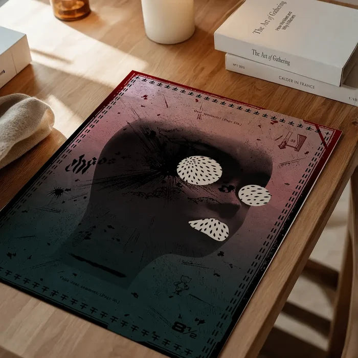 Abstract figurative art print with a dark head, white patterned eyes and mouth, and graphic elements on archival paper.