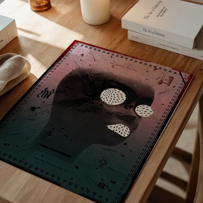 Abstract figurative art print with a dark head, white patterned eyes and mouth, and graphic elements on archival paper.