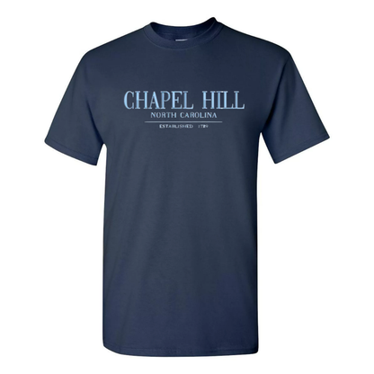 Chapel Hill North Carolina Embroidered Navy Chill T-Shirt - Main View - Shrunken Head