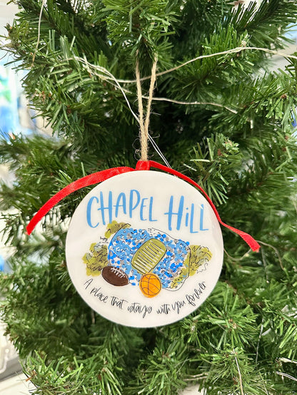 Chapel Hill North Carolina Wooden Christmas Ornament - Detail View - Happy By Rachel