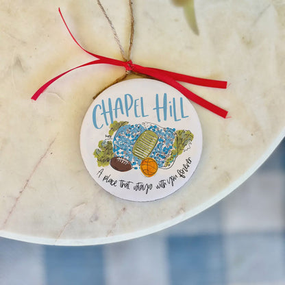Chapel Hill North Carolina Wooden Christmas Ornament - Lifestyle View - Happy By Rachel