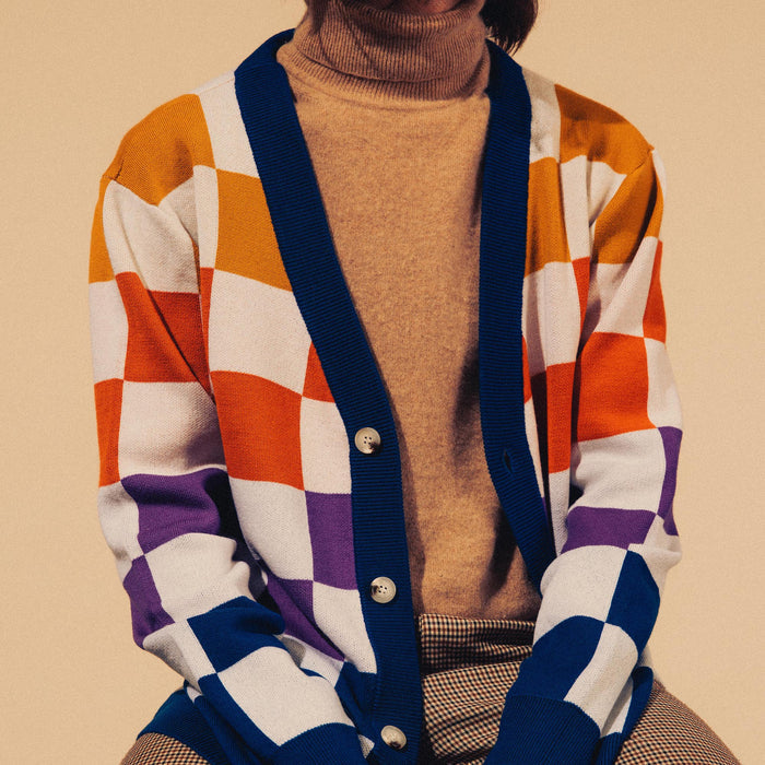 checkered merino cardigan on model