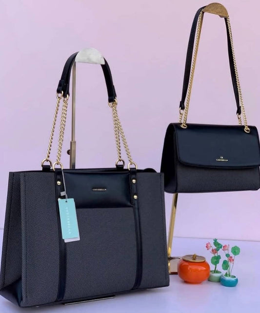 Chrisbella 2-Piece Black Bag Set - Tote and Chain Shoulder Bag