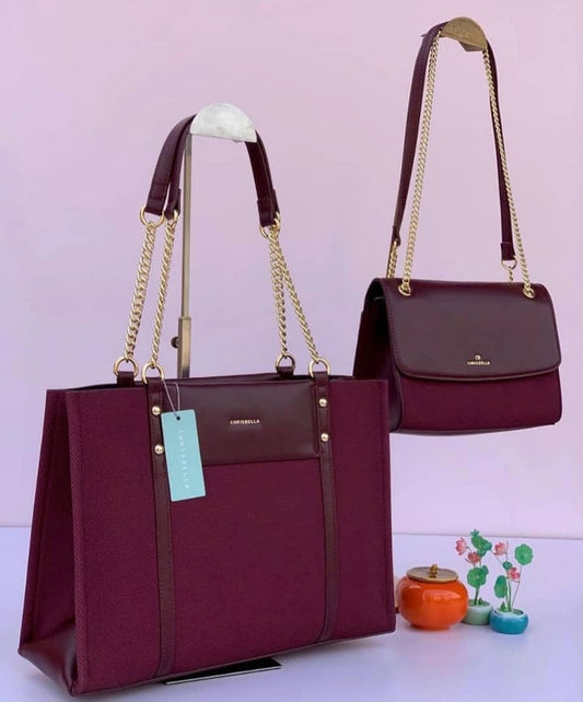 Chrisbella 2-Piece Burgundy Bag Set - Tote and Chain Shoulder Bag