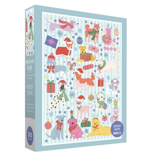 The Pippi Post Christmas Dogs | 500 Piece Jigsaw Puzzle showcases charming illustrated dogs dressed in festive outfits, surrounded by presents, bones, hats, and snowflakes on a blue striped background—making it the perfect Christmas gift for dog lovers.