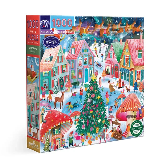 The eeBoo Christmas Flight 1,000 Piece Jigsaw Puzzle showcases a festive winter village with decorated houses, people, animals, and a central Christmas tree—ideal for fans of charming mushroom cottage puzzles.