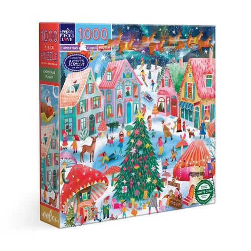 The eeBoo Christmas Flight 1,000 Piece Jigsaw Puzzle showcases a festive winter village with decorated houses, people, animals, and a central Christmas tree—ideal for fans of charming mushroom cottage puzzles.