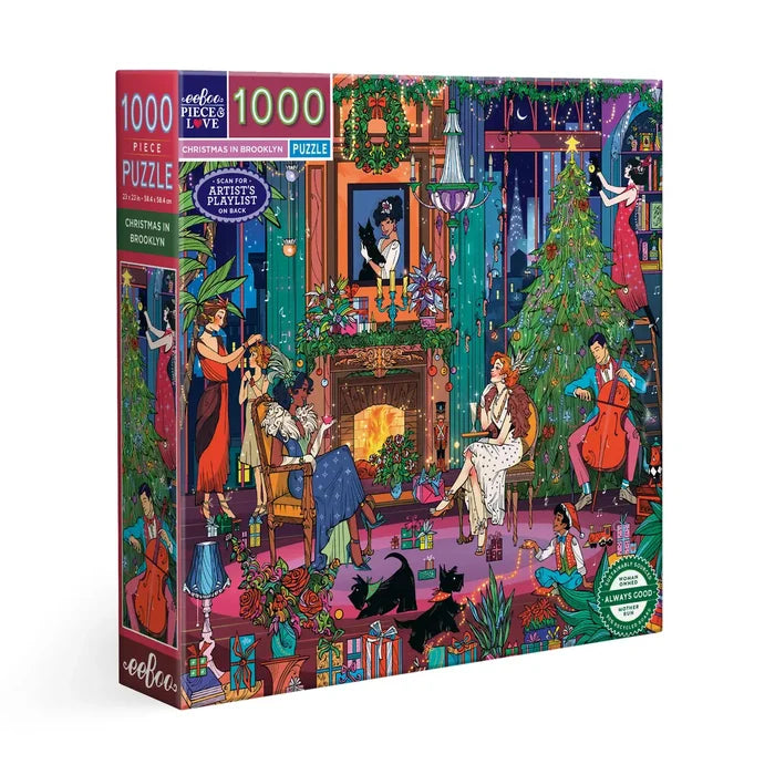 The Christmas in Brooklyn | 1,000 Piece Jigsaw Puzzle by eeBoo features a festive illustrated living room with people and pets celebrating around a decorated fireplace, complete with gifts and holiday decor.