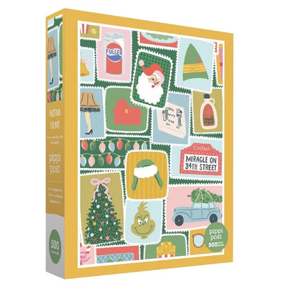 Give the following sentence a rewrite using the supplied product data: Original: Box of a 500-piece festive films Christmas jigsaw puzzle featuring illustrated movie-themed stamps, including a Christmas tree, Santa, lamp, Grinch, car with tree, and Miracle on 34th Street — the perfect Christmas gift for any holiday movie lover. Rewritten: The Pippi Post “Christmas Movie Favorite Stamps” is a 500-piece jigsaw puzzle showcasing illustrated stamps inspired by classic holiday films—spot festive imag