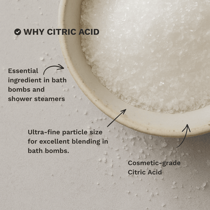 Infographic explaining why Citric Acid is a popular choice for bath bombs, cleaning and DIY formulations.