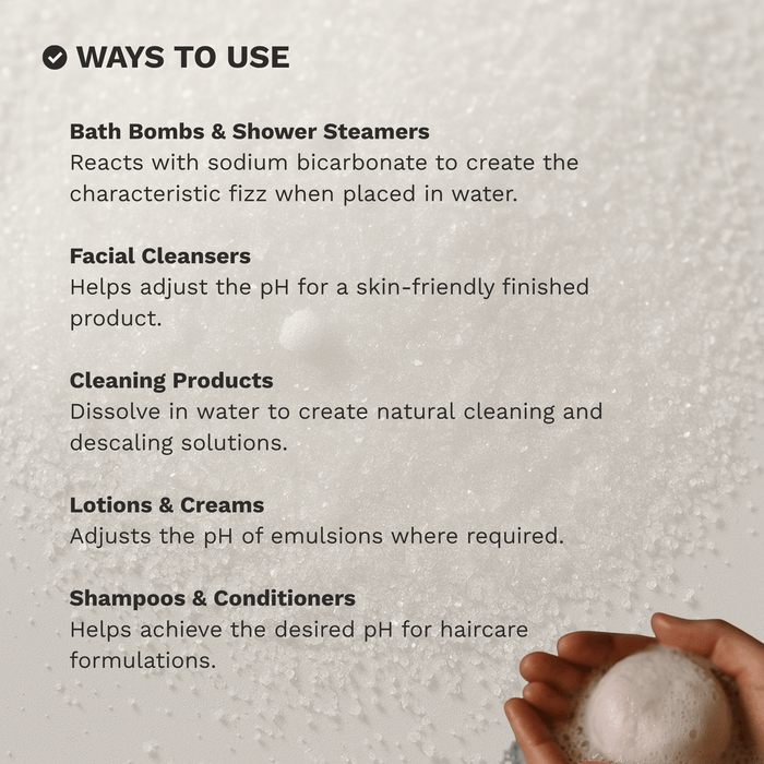 Infographic showing common ways to use Citric Acid in bath bombs, cleaning and DIY formulations.