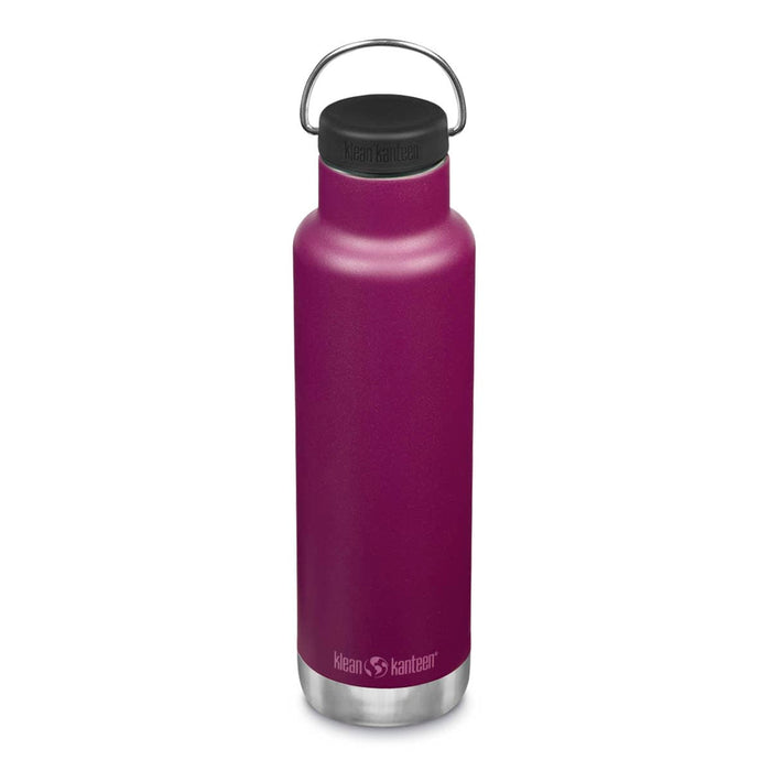 Front of Klean Kanteen Classic Insulated Water Bottle 592ml Purple Potion with black loop lid.