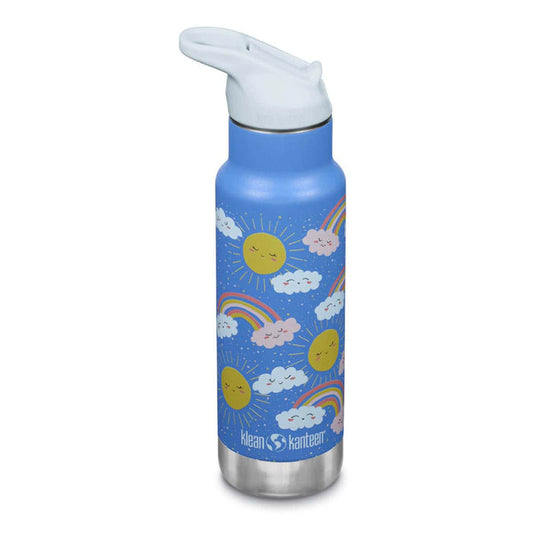 Front of Klean Kanteen Classic Kids Insulated Water Bottle 355ml Rainbows. Blue background with illustrations of rainbows, clouds & suns with faces.