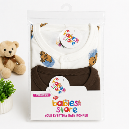Close Feet Rompers - Pack of 2 - Brown & White - Bear - TBS