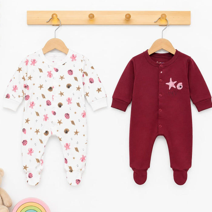 Close Feet Rompers - Pack of 2 - Maroon & White - Starfish - TBS