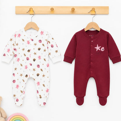 Close Feet Rompers - Pack of 2 - Maroon & White - Starfish - TBS