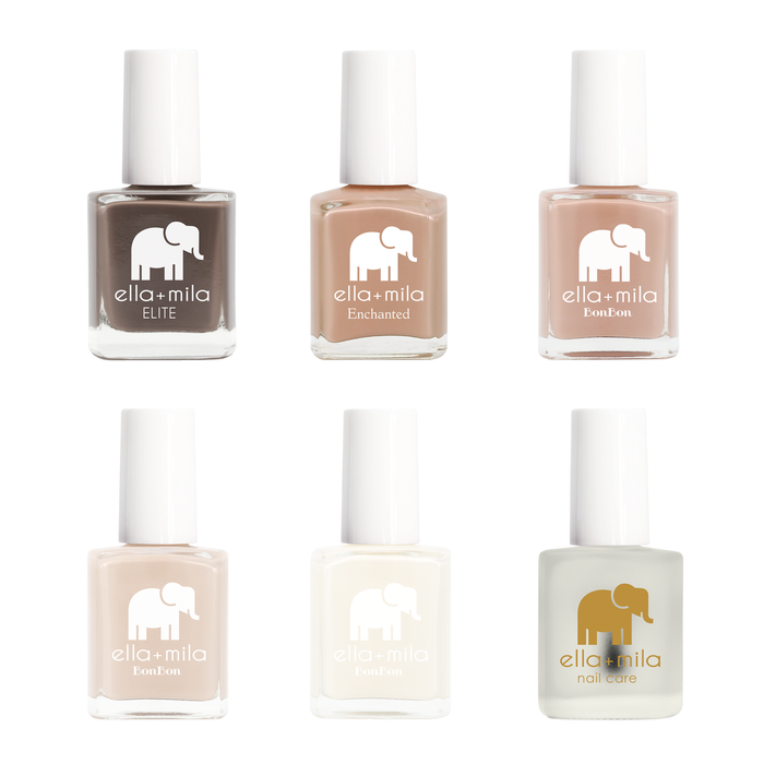 Cocoa Kisses 6 nail polish bottles in taupe, tan, nude, pale pink, cream and top coat