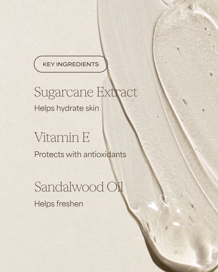 Product with key ingredients listed on a beige background for Raw Sugar Body Wash designed to help gently cleanse and hydrate skin with clean ingredients.