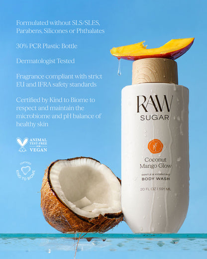 RAW Sugar Coconut Mango Glow body wash bottle with coconut and mango elements on a blue background designed to help gently cleanse and hydrate skin with clean ingredients.