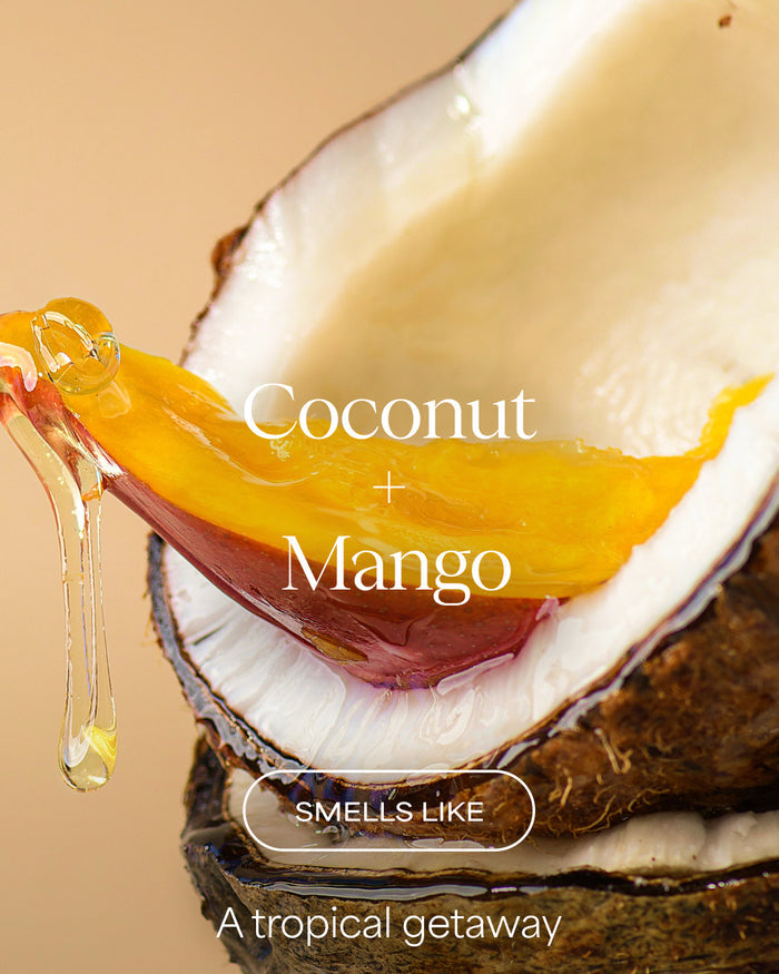 Coconut and mango with text 'Coconut + Mango' and 'Smells Like A tropical getaway' on a beige background