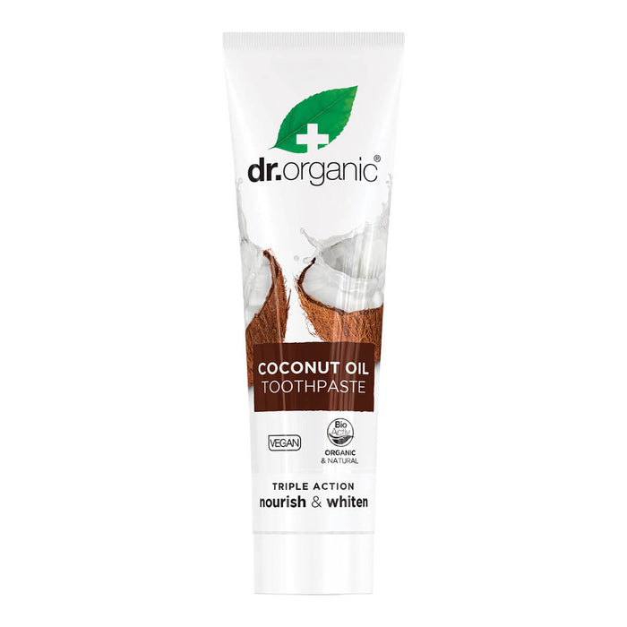 100ml tube Dr. Organic Virgin Coconut Oil Whitening Toothpaste with silica, Icelandic moss, and peppermint oil.