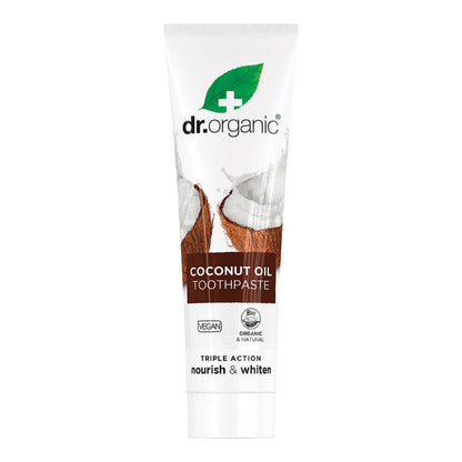 100ml tube Dr. Organic Virgin Coconut Oil Whitening Toothpaste with silica, Icelandic moss, and peppermint oil.