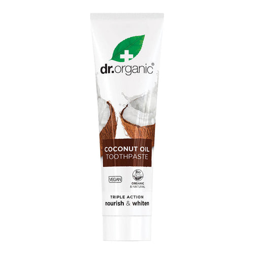 100ml tube Dr. Organic Virgin Coconut Oil Whitening Toothpaste with silica, Icelandic moss, and peppermint oil.