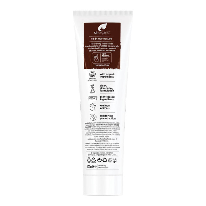 Back of 100ml tube Dr. Organic Virgin Coconut Oil Whitening Toothpaste with silica, Icelandic moss, and peppermint oil.
