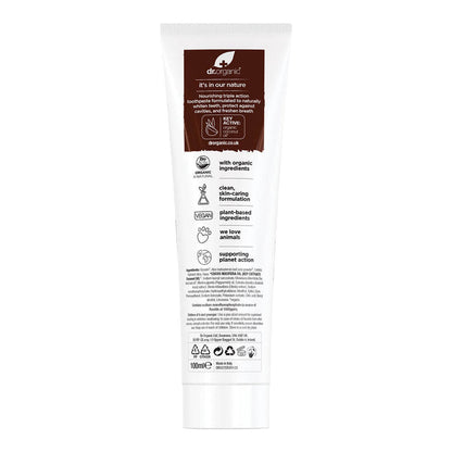 Back of 100ml tube Dr. Organic Virgin Coconut Oil Whitening Toothpaste with silica, Icelandic moss, and peppermint oil.