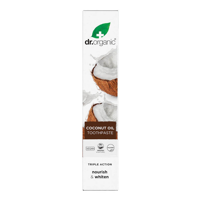 100ml box Dr. Organic Virgin Coconut Oil Whitening Toothpaste with silica, Icelandic moss, and peppermint oil.