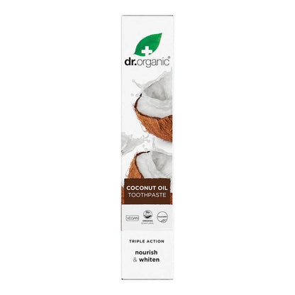 100ml box Dr. Organic Virgin Coconut Oil Whitening Toothpaste with silica, Icelandic moss, and peppermint oil.