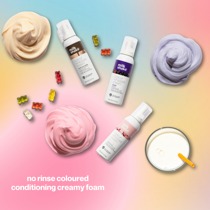 Colorful no rinse coloured conditioning creamy foam products with swirled foam samples on a gradient background.