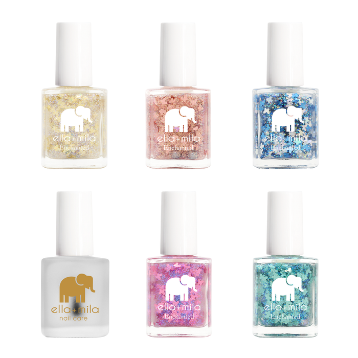 Come Fly With Me 6 nail polish bottles: gold, bronze, pink, blue and teal butterfly glitters plus a top coat