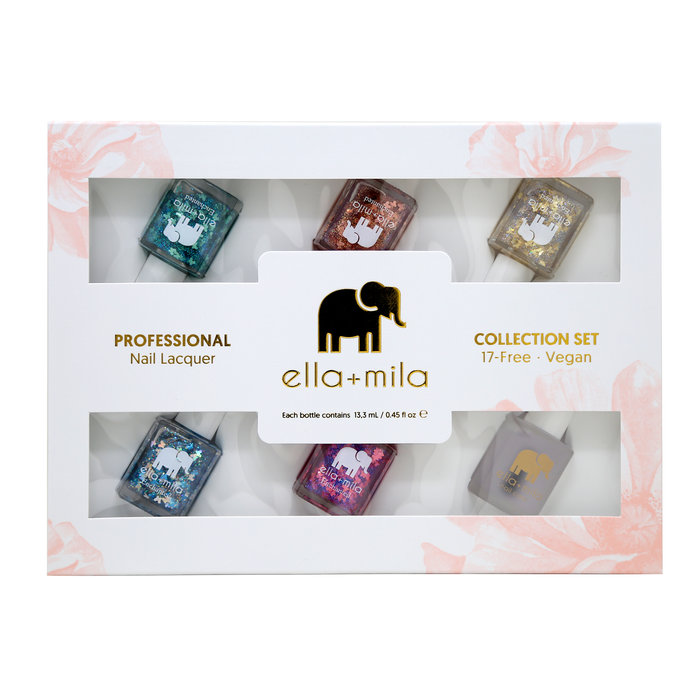 Come Fly With Me 6-pack butterfly glitter nail polish gift box, front view
