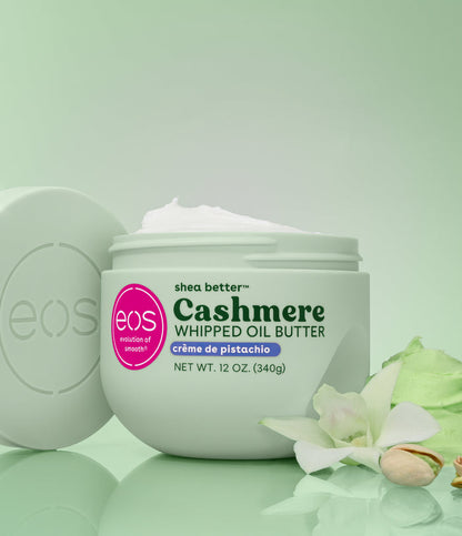 Eos Cashmere Whipped Oil Butter jar on a light green background