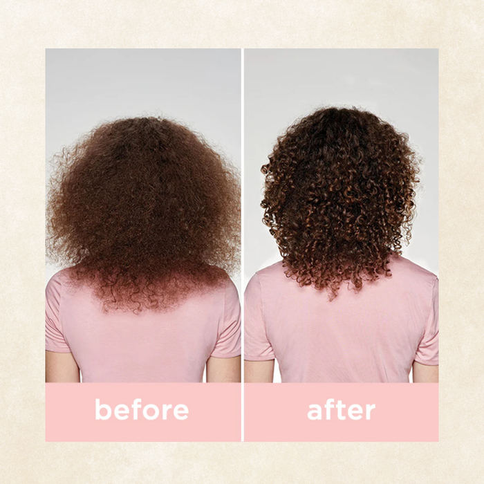 Before and after comparison of a person with curly hair, wearing a pink shirt on a plain background using milk_shake curl passion range