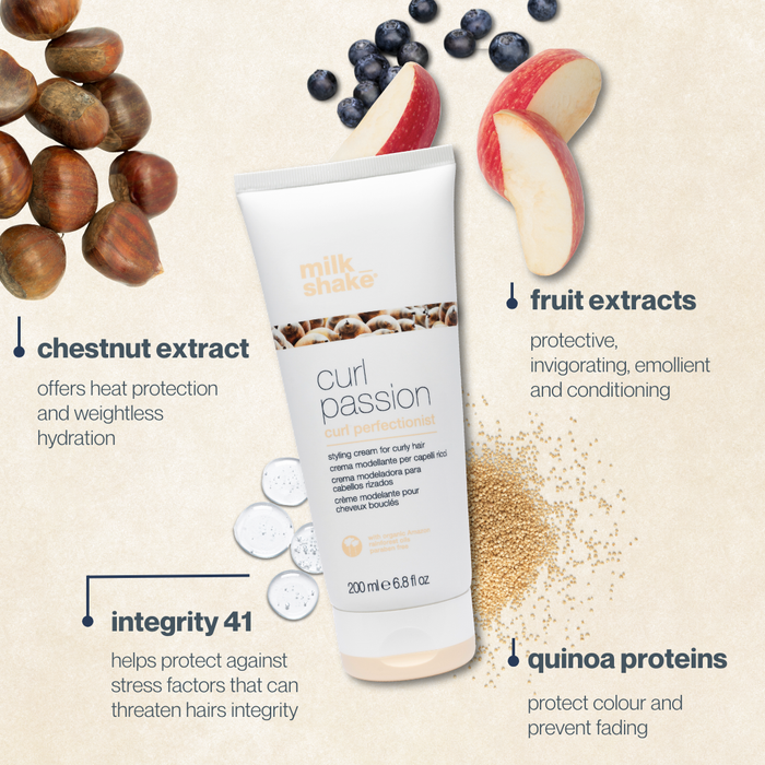 Tube of milk_shake curl passion product with chestnuts, apples, and blueberries on a beige background