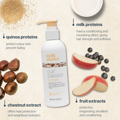 milk_shake Curl Passion product with ingredients like quinoa, chestnut, and fruit on a beige background