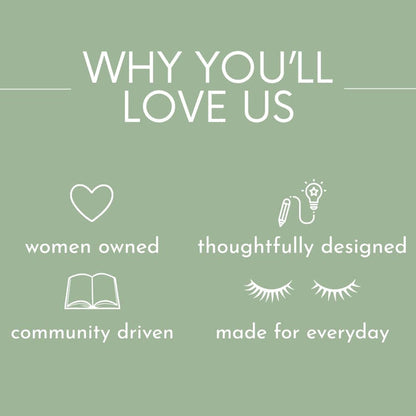 Green background with white text and icons listing reasons to love a brand.