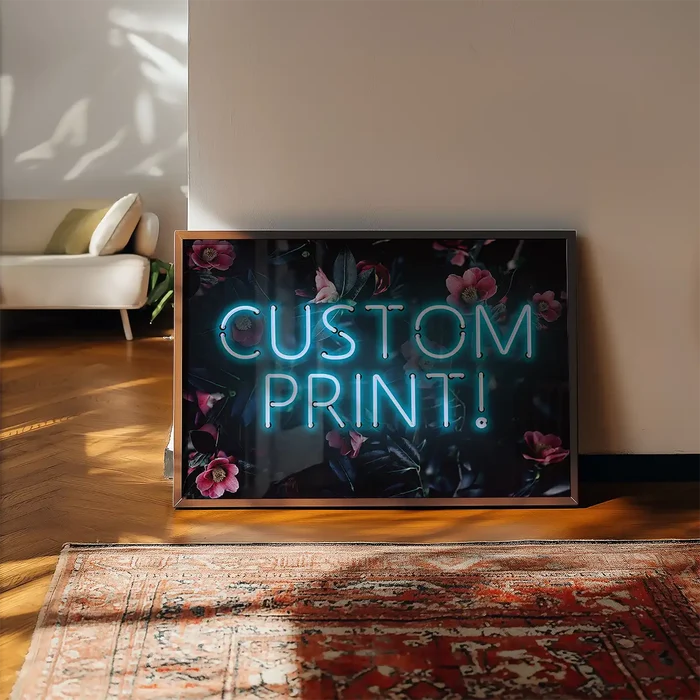 Custom blue neon sign floral background print, "CUSTOM PRINT!" text, framed, leaning on wall.