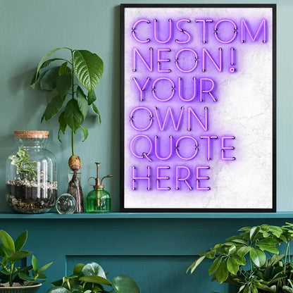 Purple custom neon print framed on a wall, surrounded by green plants and decor.