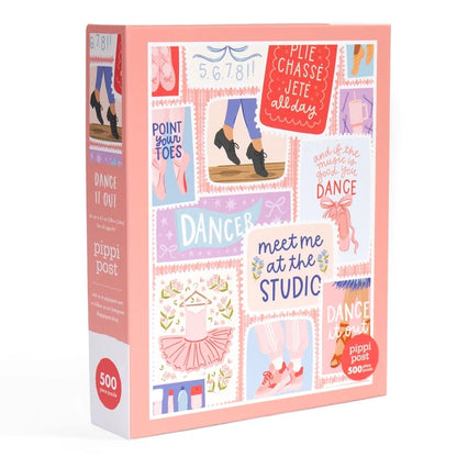 Discover the Dance It Out | 500 Piece Jigsaw Puzzle by Pippi Post—a vibrant ballet-themed puzzle showcasing colorful illustrations of ballet shoes, tutus, and motivational dance quotes set against a pink backdrop. This delightful jigsaw puzzle is the perfect dance studio gift for any ballet lover or enthusiast.