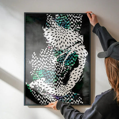 Abstract Dancer 1 Pattern Print, black frame, featuring a female form with fragmented black, white, and teal patterns.