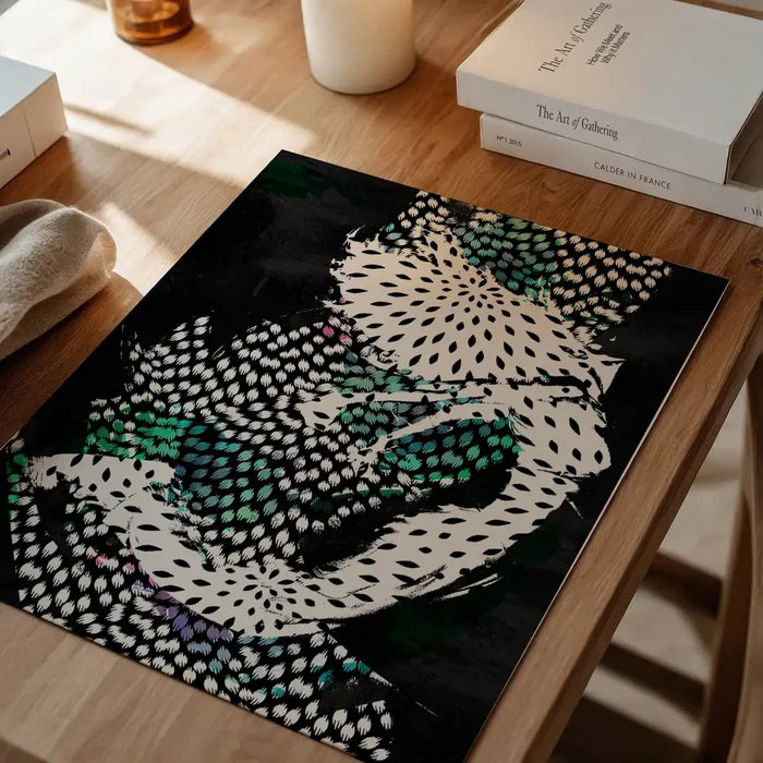 Abstract Dancer 1 art print on archival paper, featuring fragmented black, white, and teal patterns.
